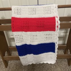 Handmade Crocheted Red, White And Blue Blanket