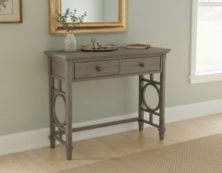 Rustic Grey Weathered Wooden Double Drawer Side Entry Table! Good condition 36x14x32in