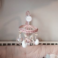 Pink Swan and Gold Hearts Crib Musical Mobile