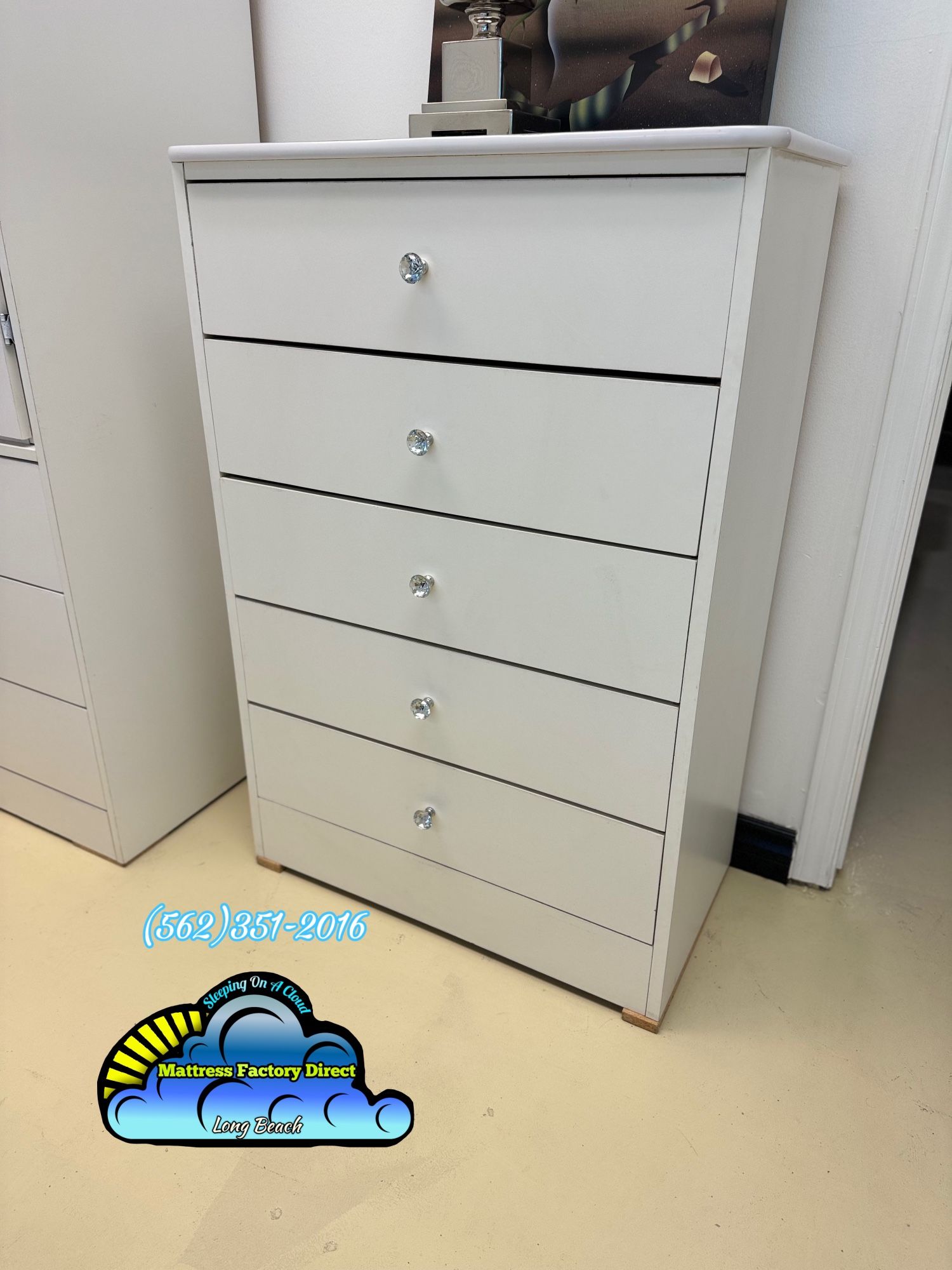 White Dresser Chest 5 Drawer With Diamond Knobs