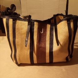 Zara Large  Woven Tote Bag Tan/Brown/Navy
