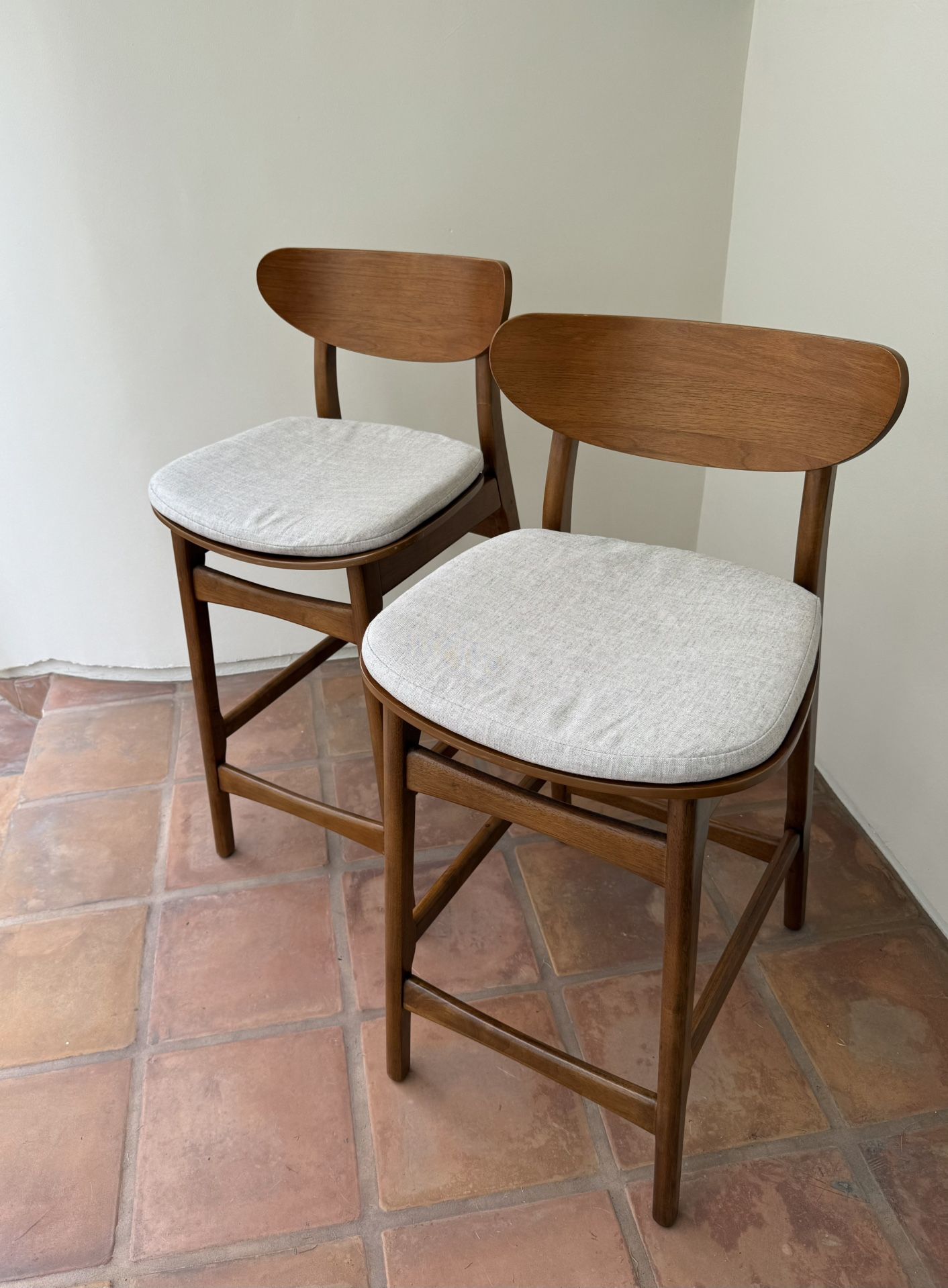 Set Of 2 Wood West Elm Cafe Style Counter Stools WITH WASHABLE LINEN CUSHIONS