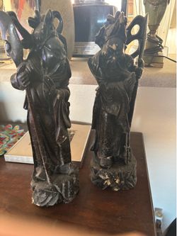 Antique Chinese Carved Hardwood Figurines – Pair