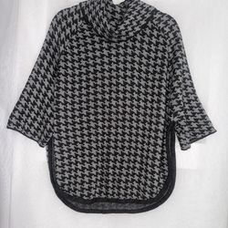 Sweater Grey Houndstooth Cowl Neck Poncho