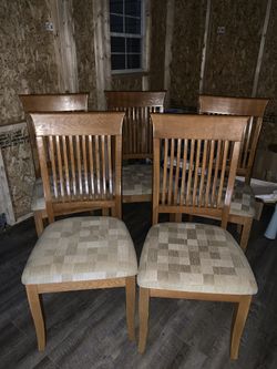 6 wood and fabric chairs