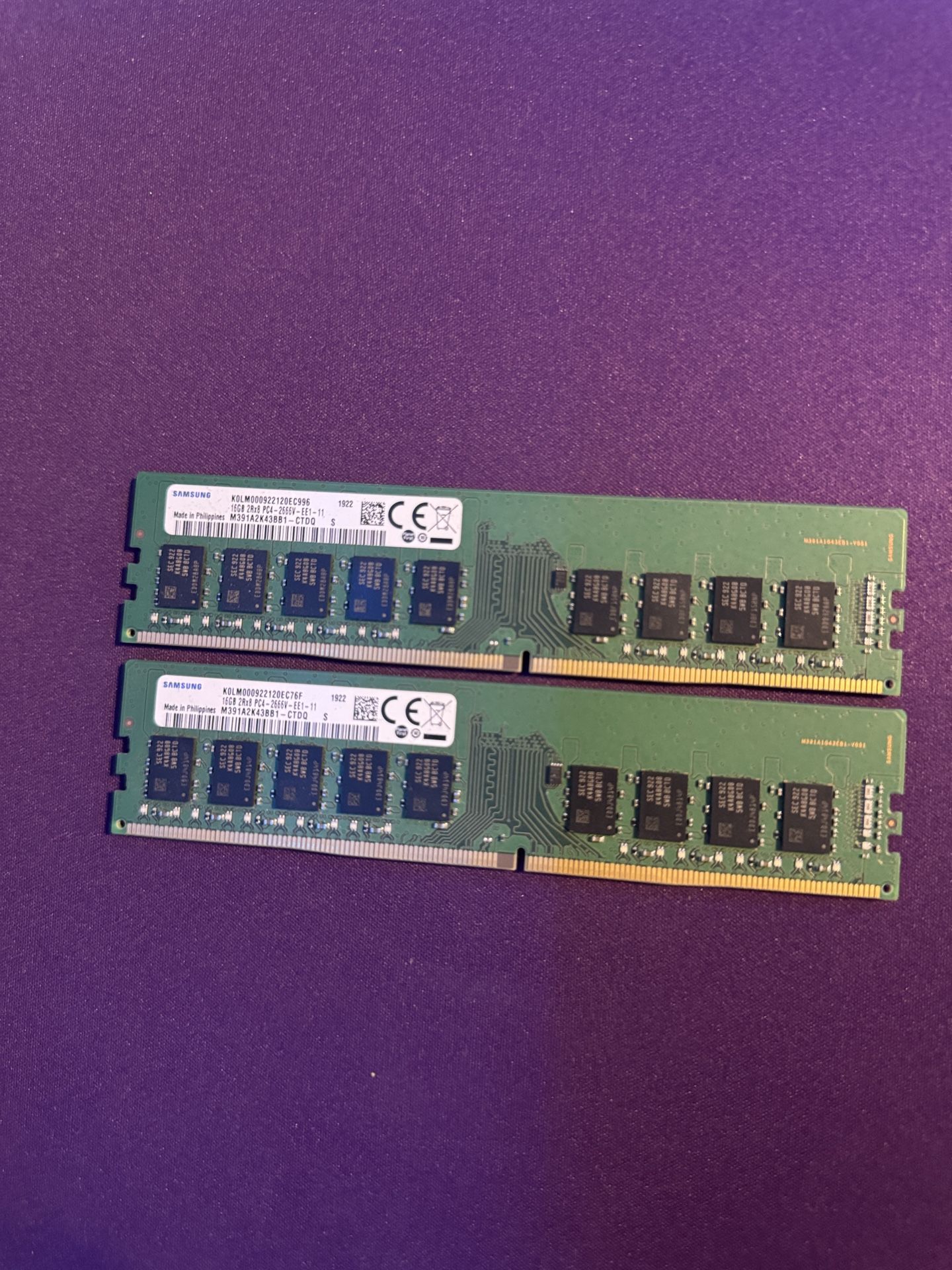 Samsung 32GB (2x16GB) DDR4-2666 ECC UDIMM M391A2K43BB1-CTDQ – Tested