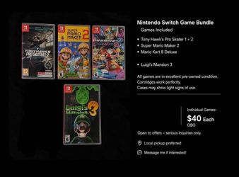 Nintendo Switch Games Bundle | Luigi’s Mansion 3, Super Mario Maker 2, Tony Hawk’s Pro Skater 1 + 2