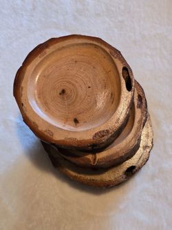(Set of 3) All Natural Handmade Rustic Pecan Wood Deco Coasters Functional Artwork Reversible set