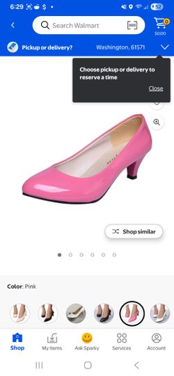 Women's Pink Pump High Heel Shoes With Low Chunky Kitten Heel, Round Toe, Slip On Shoe