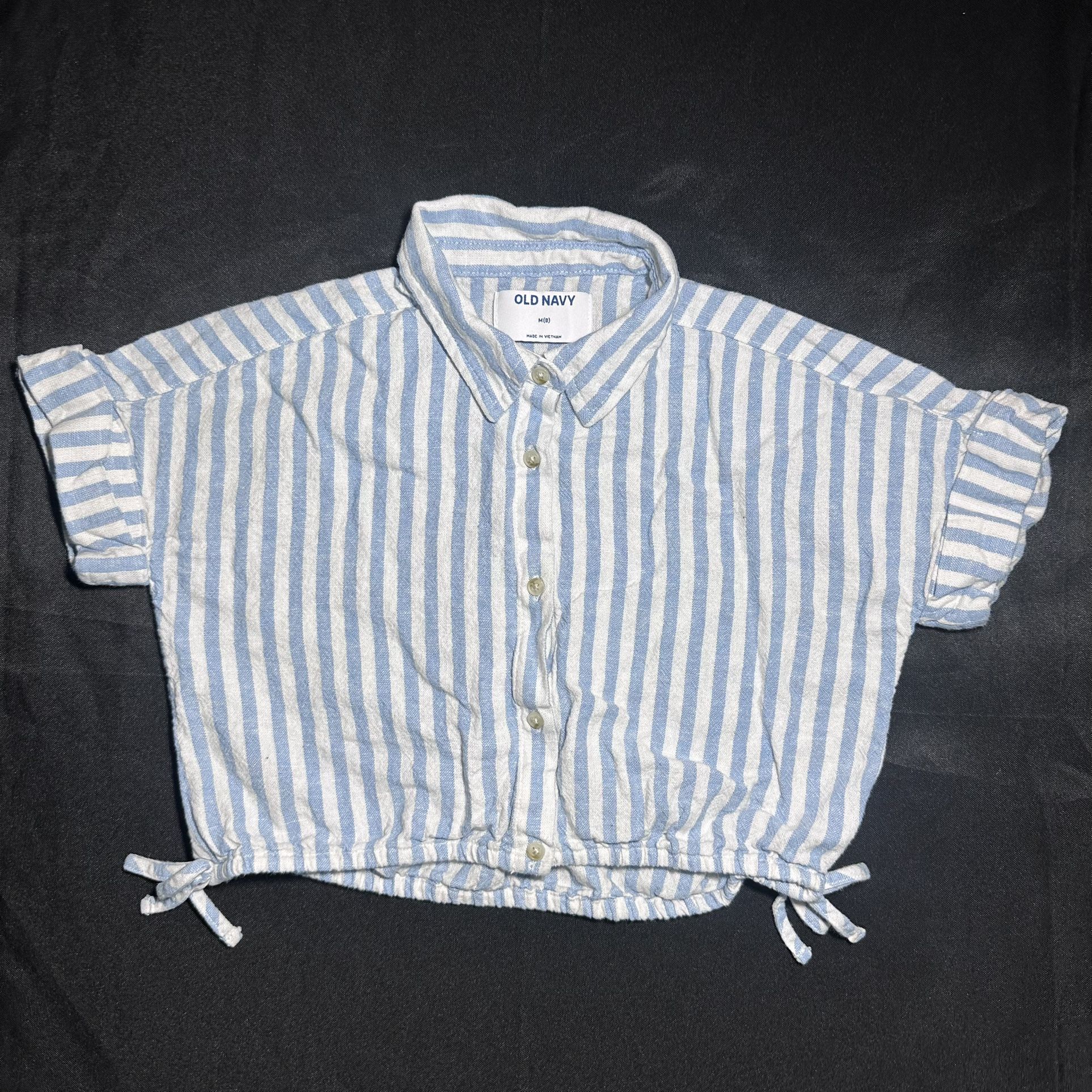 Size M: Women’s Short-Sleeve Blue Striped Crop Top Blouse