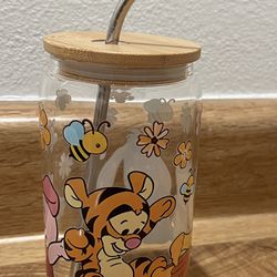  Winnie the Pooh & Friends Libby Glass Cup W/ Metal Straw