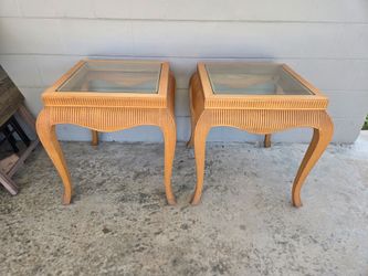 Pair of Reeded Wood and Glass Top End Tables