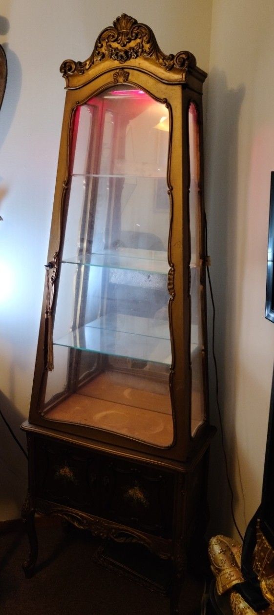 6'2" Old Vintage Antique Mirrored Curio Cabinet With Working Red Light