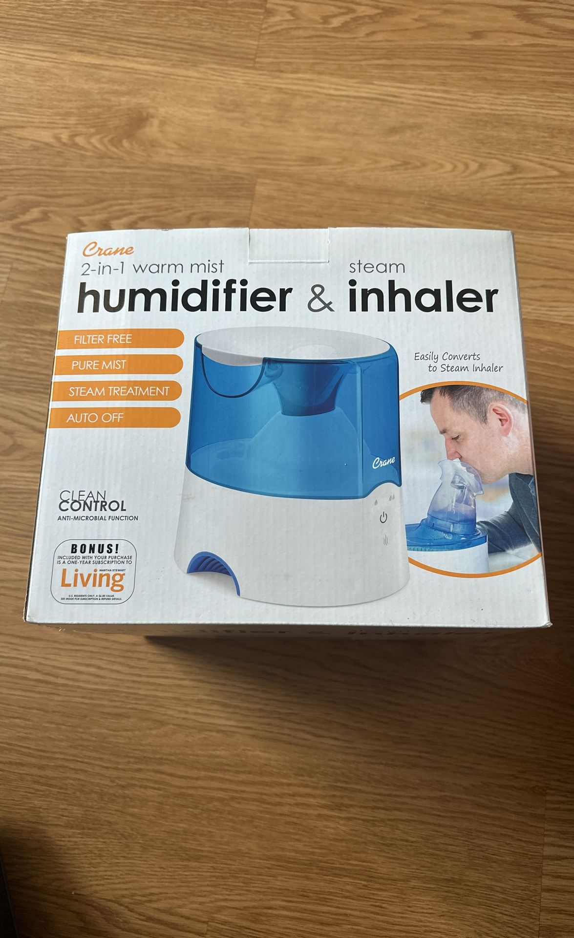 Crane 0.5 Gal. Warm Mist Humidifier, 2 Speed Settings, Medicine Cup, 13 Hour Run Time, Blue/White