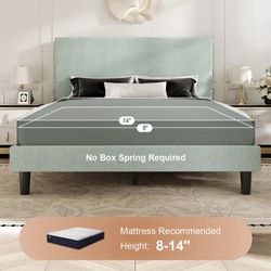 Queen Bed Frame, Platform Bed Frame with Upholstered Adjustable Headboard, Ice Blue, Nubby Fabric