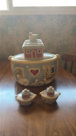 Vintage Noah's Ark ceramic cookie jar and salt and pepper shaker designed by Susan Winget