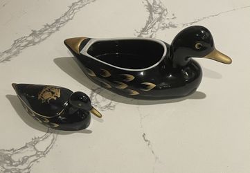 Limoges Castel France Porcelain Ducks With 22k Gold Detailing Courting Lovers