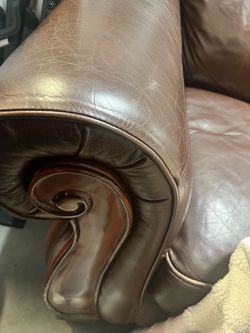 Brown Leather Sofa & Loveseat with Wood Trim