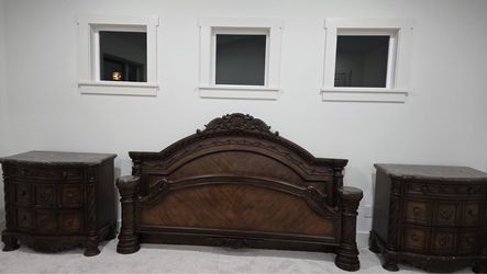 Ornate Dark Wood King Headboard with Two Nightstands