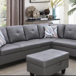 Dark Grey Sectional Couch Set w/ Ottoman (Right Chaise) 