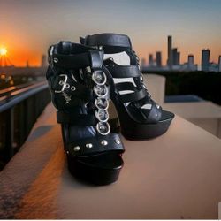 PLEASER Delight-658 Platform Cage Stiletto Sandals T-Strap Studded  Blk  Size 10