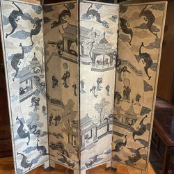 Antique Asian Reversible 4-Panel Folding Screen Coromandel Lacquer Room Dividers 