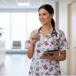 "Wear for Care" Women's Size 2X Medical W25" X L27" Scrub Top Owls/Hearts/Cactus. Label print is faded. Gray & Pink. Good Condition. Fits like an 1X. 
