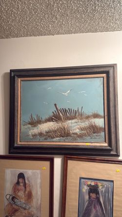 Framed Oil Painting Beach Dunes with Seagulls