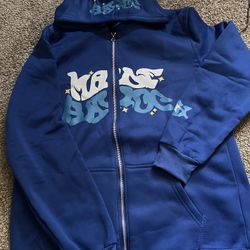 Large Blue American Retro Star And Letter Printed Zip-up Hoodie