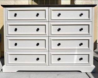 Farmhouse 8-Drawer Dresser 54" Antique White with Dark Wood Top