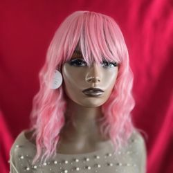 Pink Synthetic Hair Wig New 12" With Bangs 
