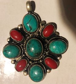 Silver pendant with natural stones, turquoise and corals