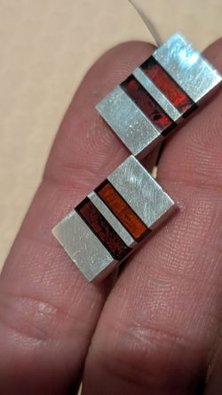 Vintage Signed ZK Polish Modernist Cufflinks 925 Sterling Silver Baltic Amber Inlay
