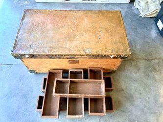 Antique Flat-Top Steamer Trunk with Brass/Copper Lid & Fitted Interior Trays — Late 1800s/Early 1900