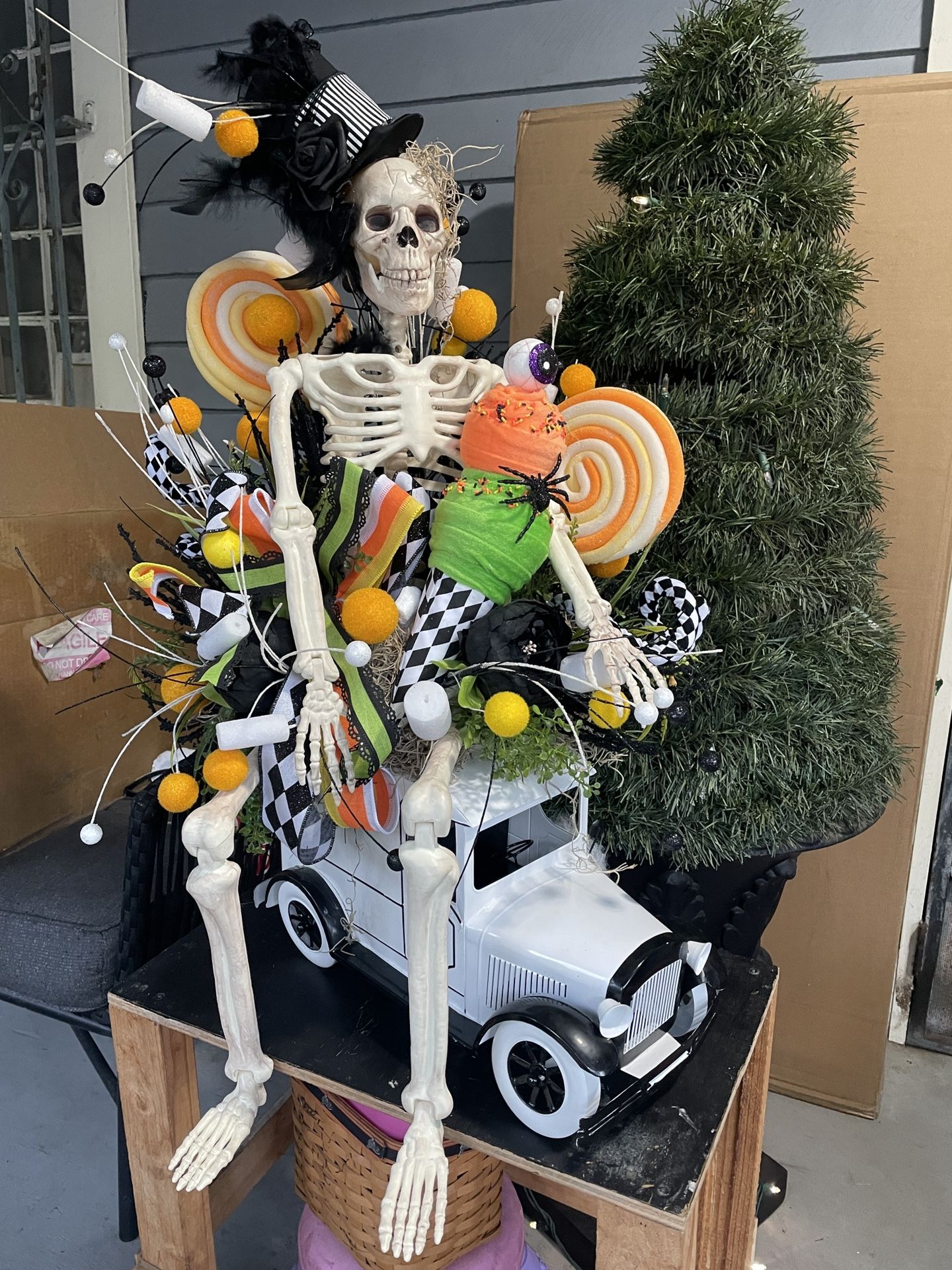Halloween Skeleton Riding White Metal Car Decor/Centerpiece