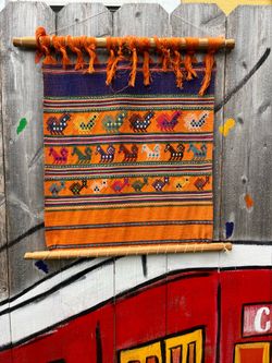 Guatemalan Woven Wall Hanging Tapestry Orange Llama Folk Art
