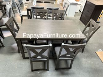 New 7Pcs Dining Set, Table And Chairs, Casual Dining Table, Chairs, Rectangular Table, Wooden Table, Grey Dining Set, Dinette Set, Table And 6 Chairs