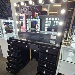 New Vanity 13 Drawers W/ XL MIRROR & Power Outlet Black $649