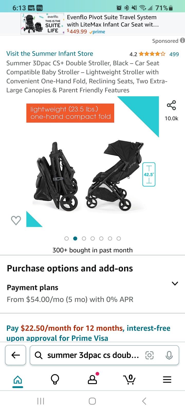Summer 3Dpac CS+ Double Stroller, Black – Car Seat Compatible Baby Stroller – Lightweight Stroller with Convenient One-Hand Fold, Reclining Seats, Two