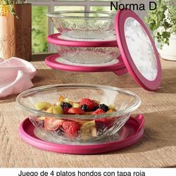 Juego de 4 platos hondos con tapa Roja 🌺 princess house 🌺
