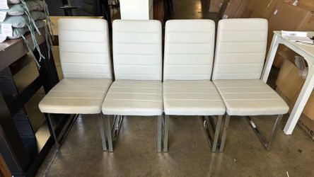 New assembled Modern Dining Chairs Set of 4, Grey Faux Leather Kitchen Chairs, Upholstered Armless Dining Room Chair with Silver Mental Legs Heavy Dut