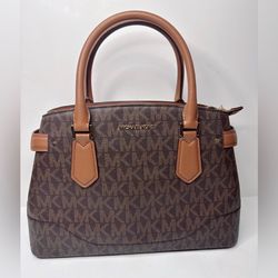 Michael Kors Lynn Brown Lugg MK Printed Large Satchel Bag