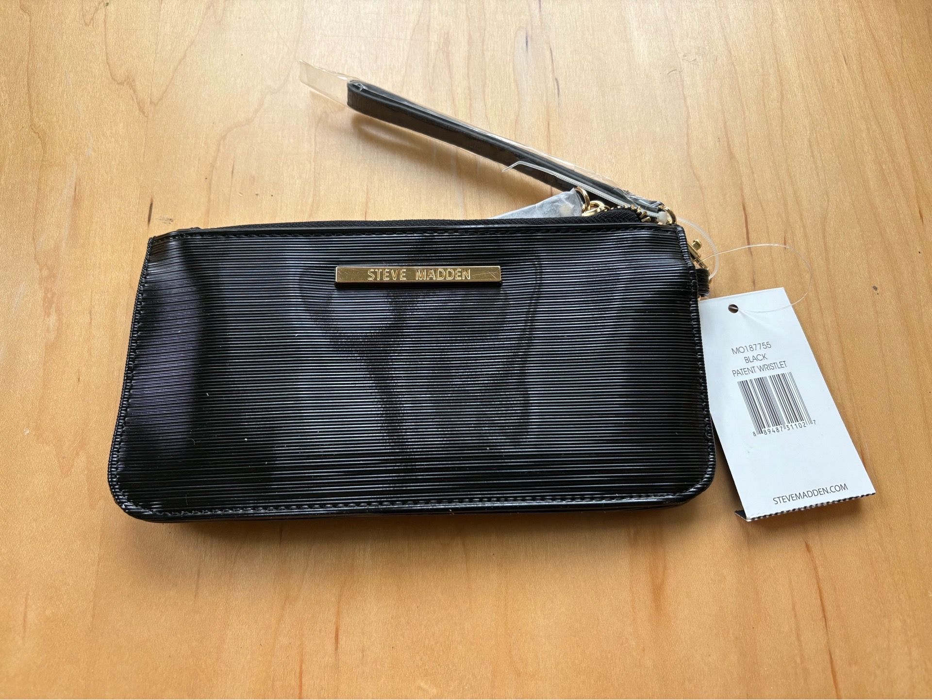 Steve Madden Black Patent Wristlet with Gold Hardware