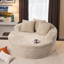 MIU 59 in. Modern Wide Square Arm Plush Corduroy Round Single Sofa Chair Lounge Chaise Sleeper Bed with Pillows in Beige