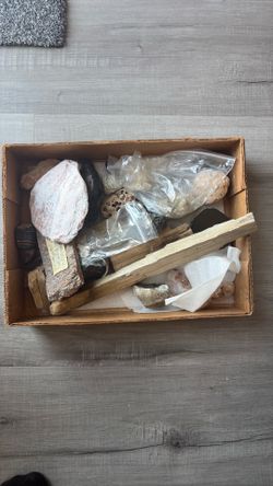 Box of vintage wood and rocks