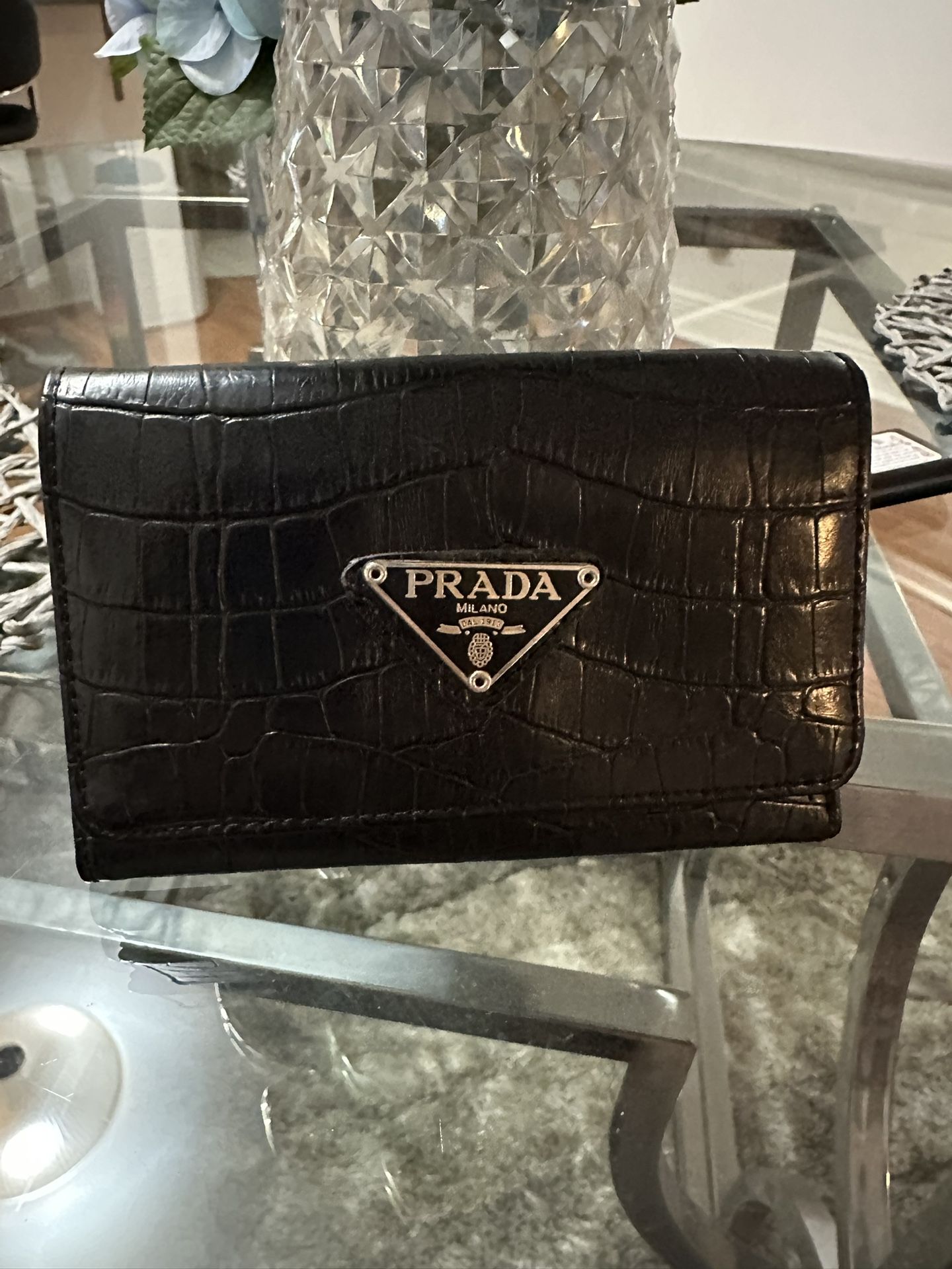 Authentic Prada Black Croc-Embossed Leather Wallet