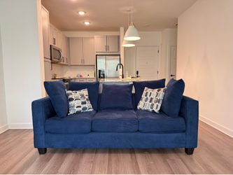 Blue Velvet 3-Seat Sofa with Throw Pillows