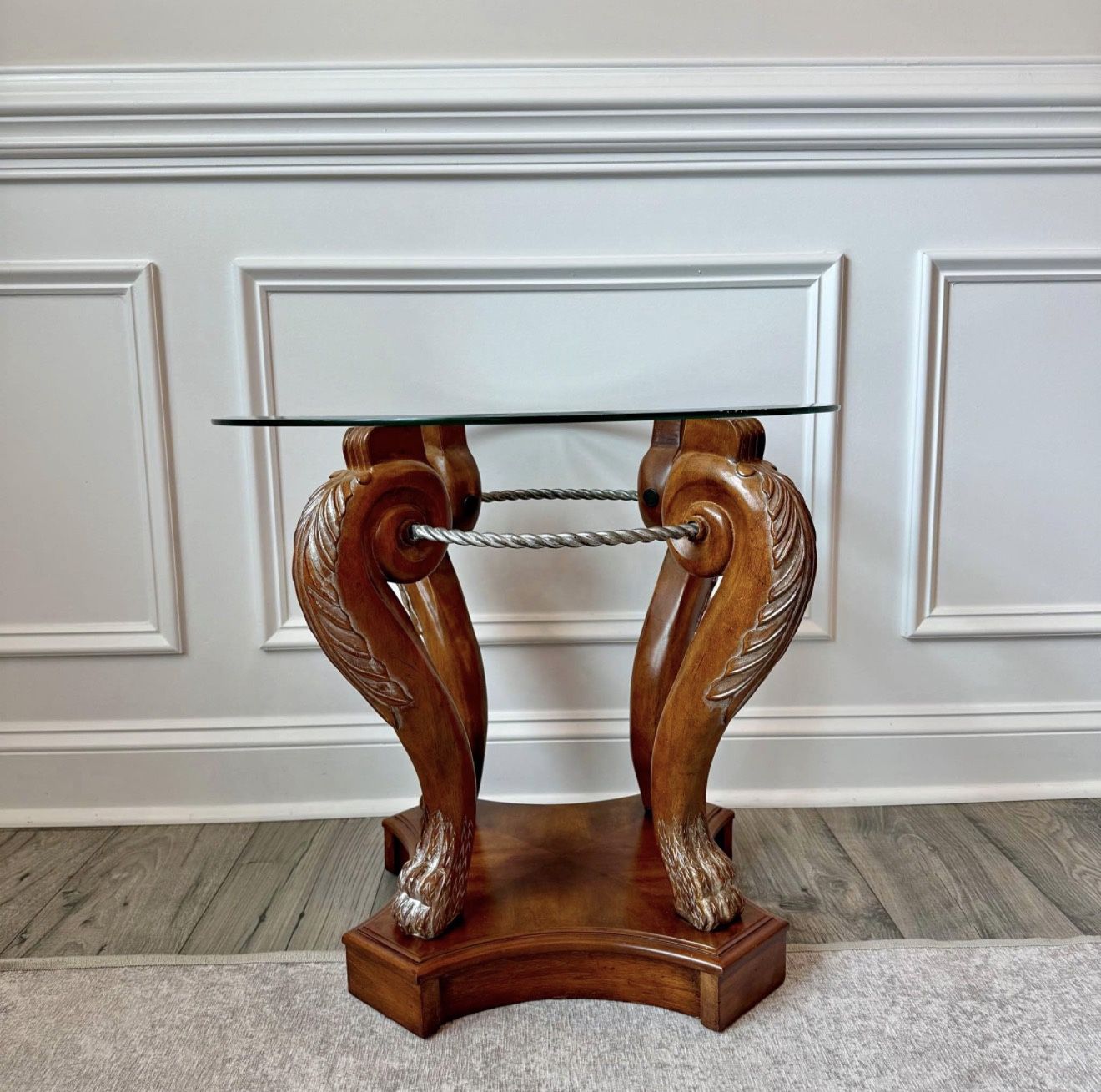 Hand-Carved Swan Pedestal Side Table with Glass Top