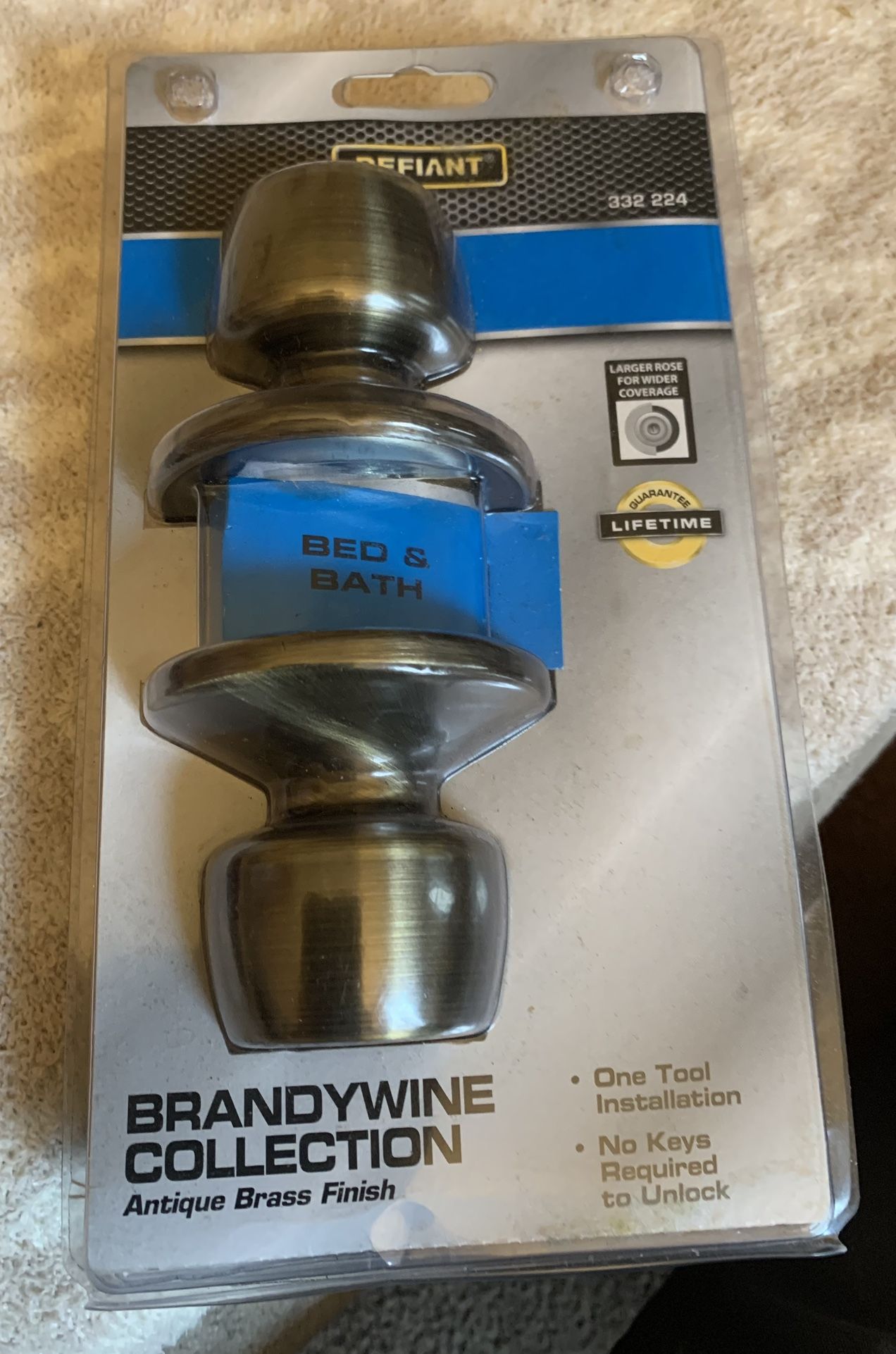 Defiant bed and bathroom lock Brandywine collection antique brass finish no keys required to unlock New