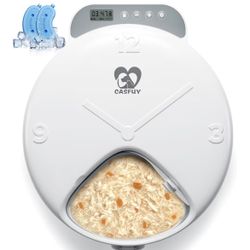 Casfuy Battery-Operated Automatic Cat Feeder - Whisker Friendly Automatic Cat Food Dispenser for Wet Dry Food Cordless 4-Meal Auto Feeder for Cats Sma